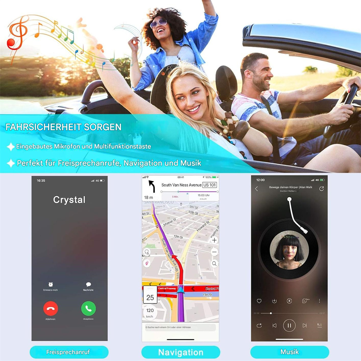 Drei Personen in einem Cabrio, Telefone zeigen Anruf-, Navigations- und Musikoberflächen.