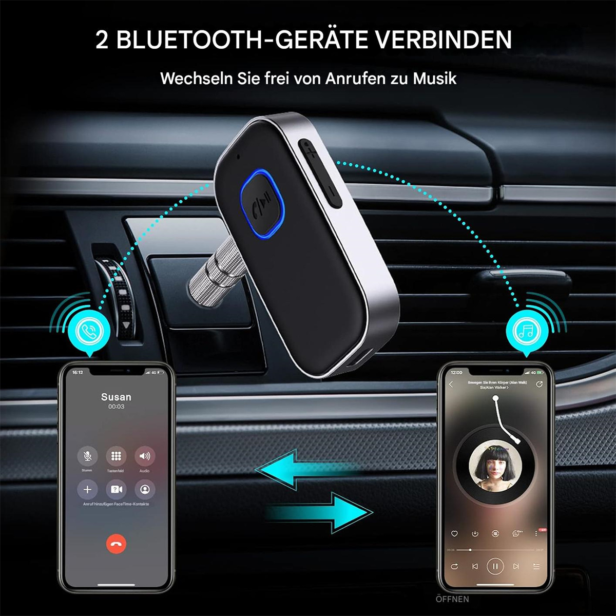 Ein Bluetooth-Gerät ist mit der Lüftung eines Autos verbunden, zwei Telefone zeigen Anrufe und Musik.