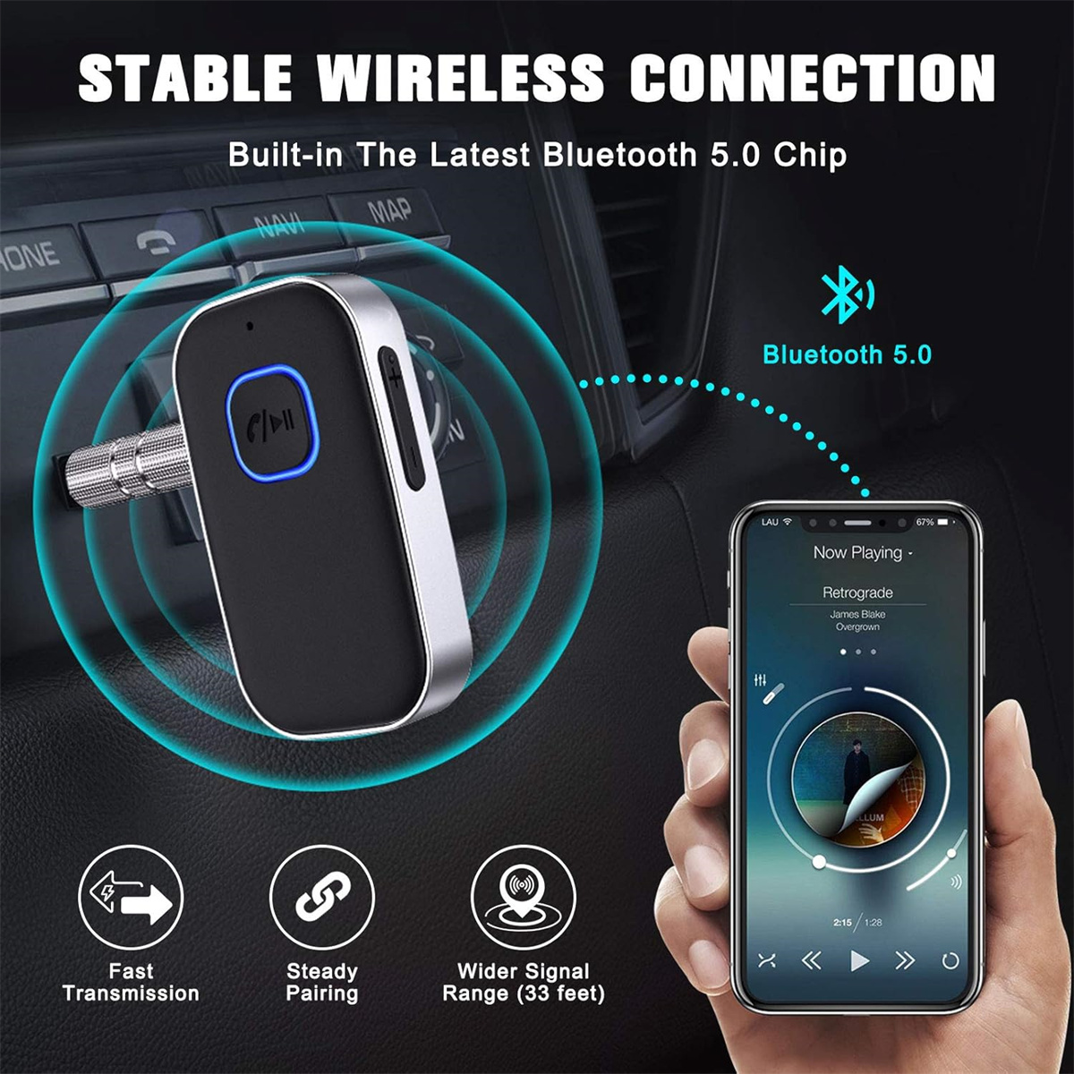Ein Bluetooth-Gerät im Auto, verbunden mit einem Telefon, das Musik abspielt, zeigt Bluetooth 5.0.