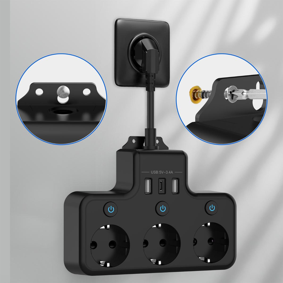 Schwarze Steckdosenleiste mit 3 Steckdosen, 3 USB-Anschlüssen und einem Steckadapter. Nahaufnahme.