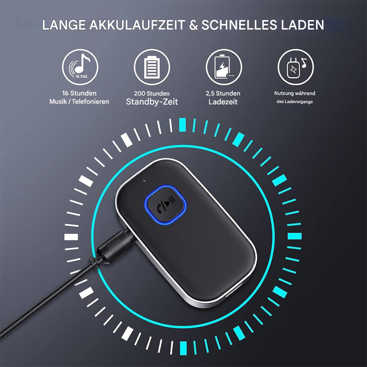 Schwarzer Bluetooth-Empfänger mit Ladekabel. Symbole für Akkulaufzeit und Nutzungsdauer.