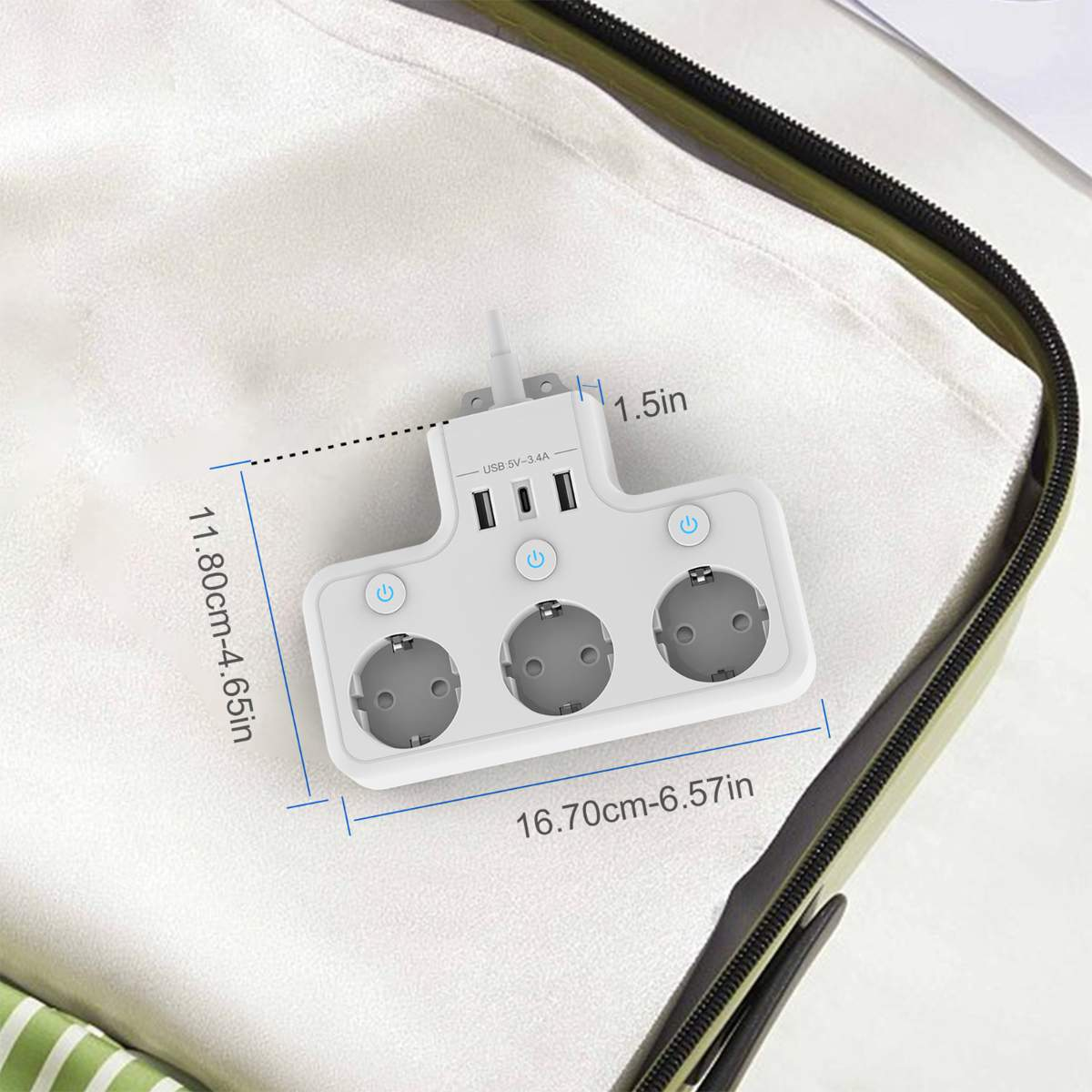 Weiße Steckdosenleiste mit 3 Steckdosen, 3 USB-Anschlüssen und Maßen in Zoll und cm.