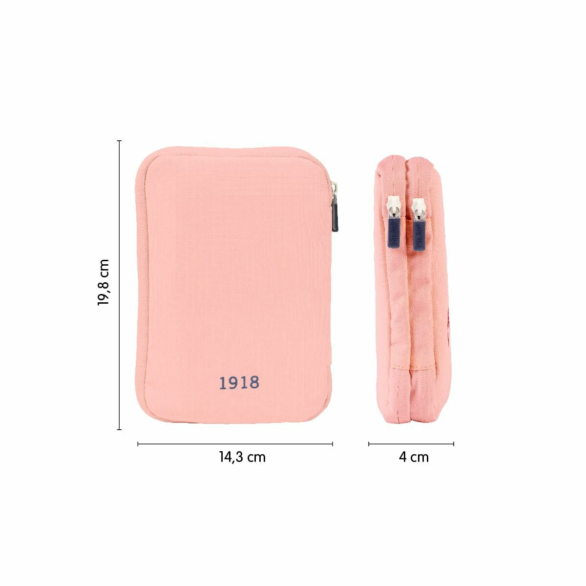 Ein rosa Federmäppchen wird in zwei Ansichten gezeigt, mit den Maßen: 19,8 cm Höhe, 14,3 cm Breite und 4 cm Tiefe.