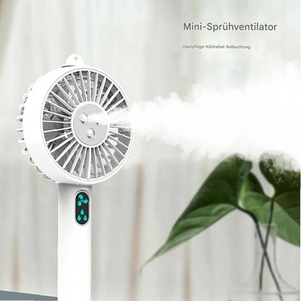 Weißer tragbarer Ventilator, der Nebel ausstößt. Text: 'Mini-Sprühventilator' und 'Hautpflege...'