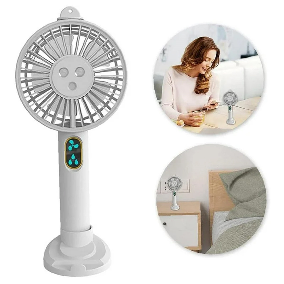 Weißer tragbarer Ventilator mit drei eingebetteten Bildern. Frau benutzt ihn, auf Nachttisch.