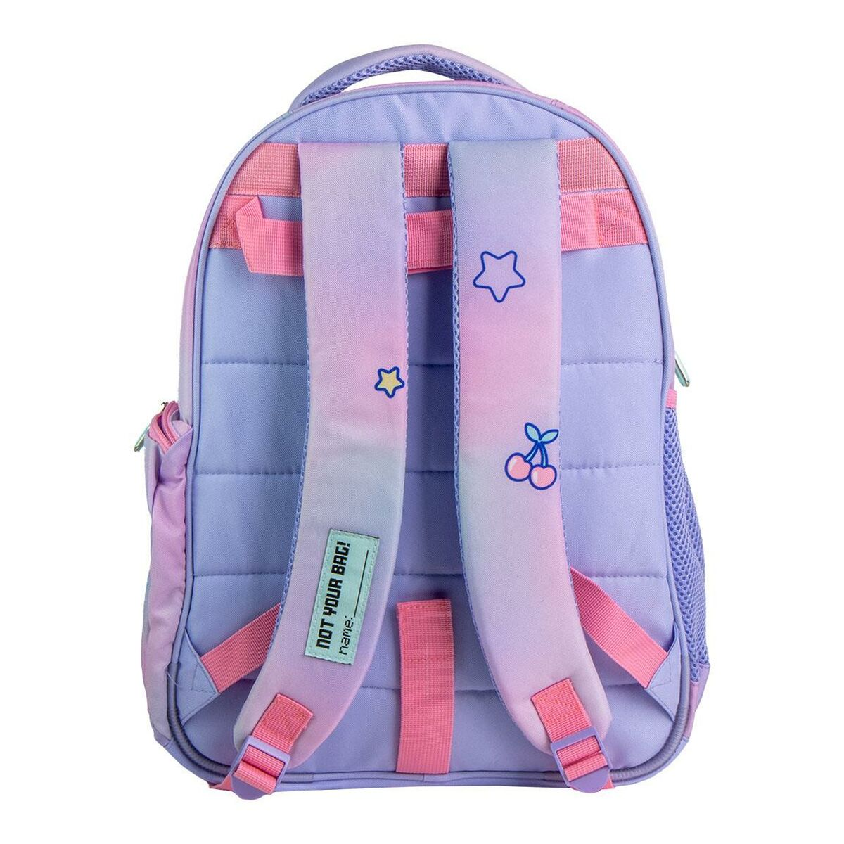 Rucksack mit Farbverlauf und 'NOT YOUR BAG!'-Etikett. Pink und Lila mit Sternen und Kirschen.