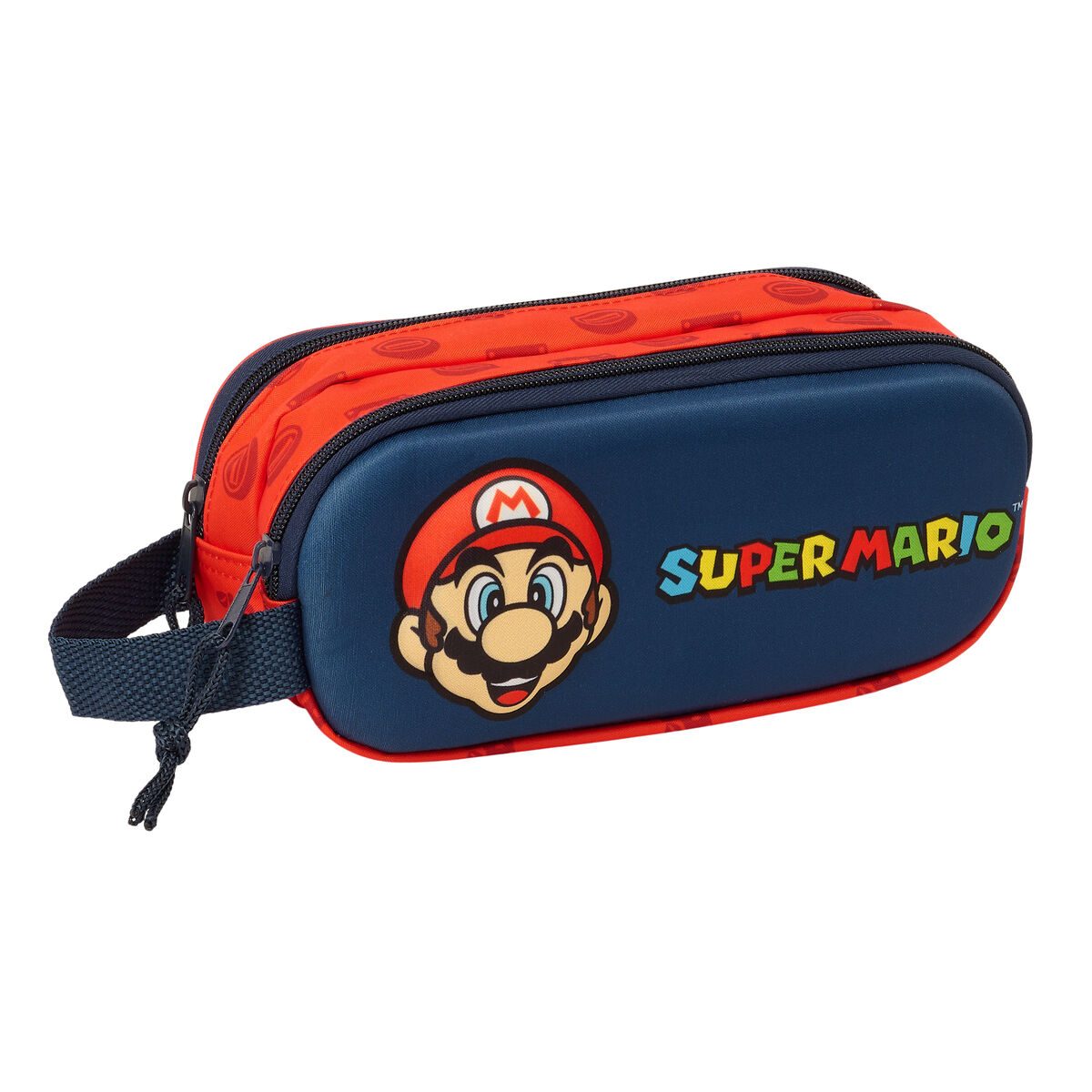 Ein rotes und blaues Federmäppchen mit Super Marios Gesicht und den Worten 'SUPER MARIO'.