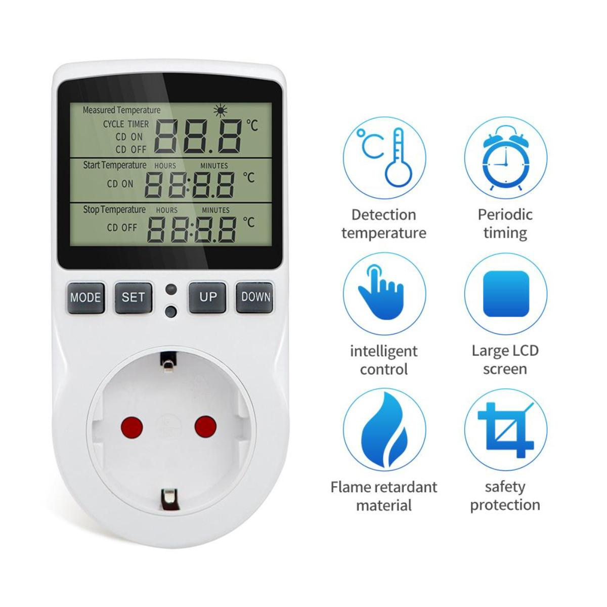 Weißer digitaler Temperaturregler mit Display und mehreren Symbolen. Er hat einen Stecker und Knöpfe.