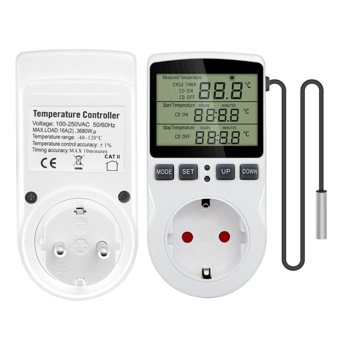 Weißer Temperaturregler mit Digitalanzeige, die Temperatur und Einstellungen anzeigt. Schwarzes Kabel und Stecker sind ebenfalls sichtbar.