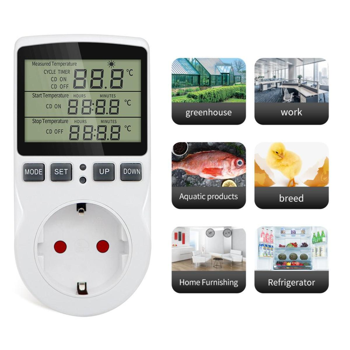 Weißer Temperaturregler mit Digitalanzeige. Symbole für Gewächshaus, Arbeit, Wasserprodukte, Zucht usw. sind vorhanden.