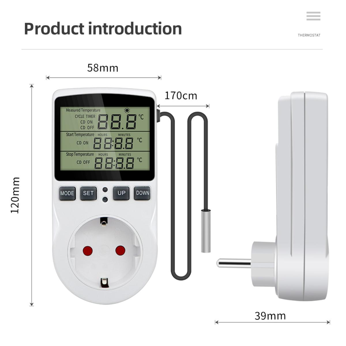 Ein weißer Temperaturregler mit angegebenen Abmessungen. Der Regler hat eine Digitalanzeige mit Temperaturmesswerten.