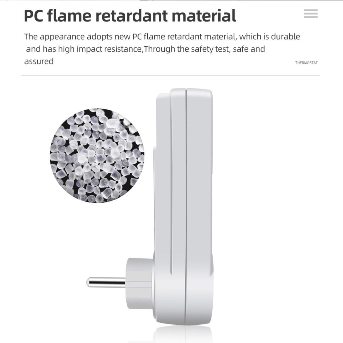 Ein weißes Gerät mit Stecker und Nahaufnahme von Kunststoffpellets. Text erwähnt PC-Flammschutzmaterial.