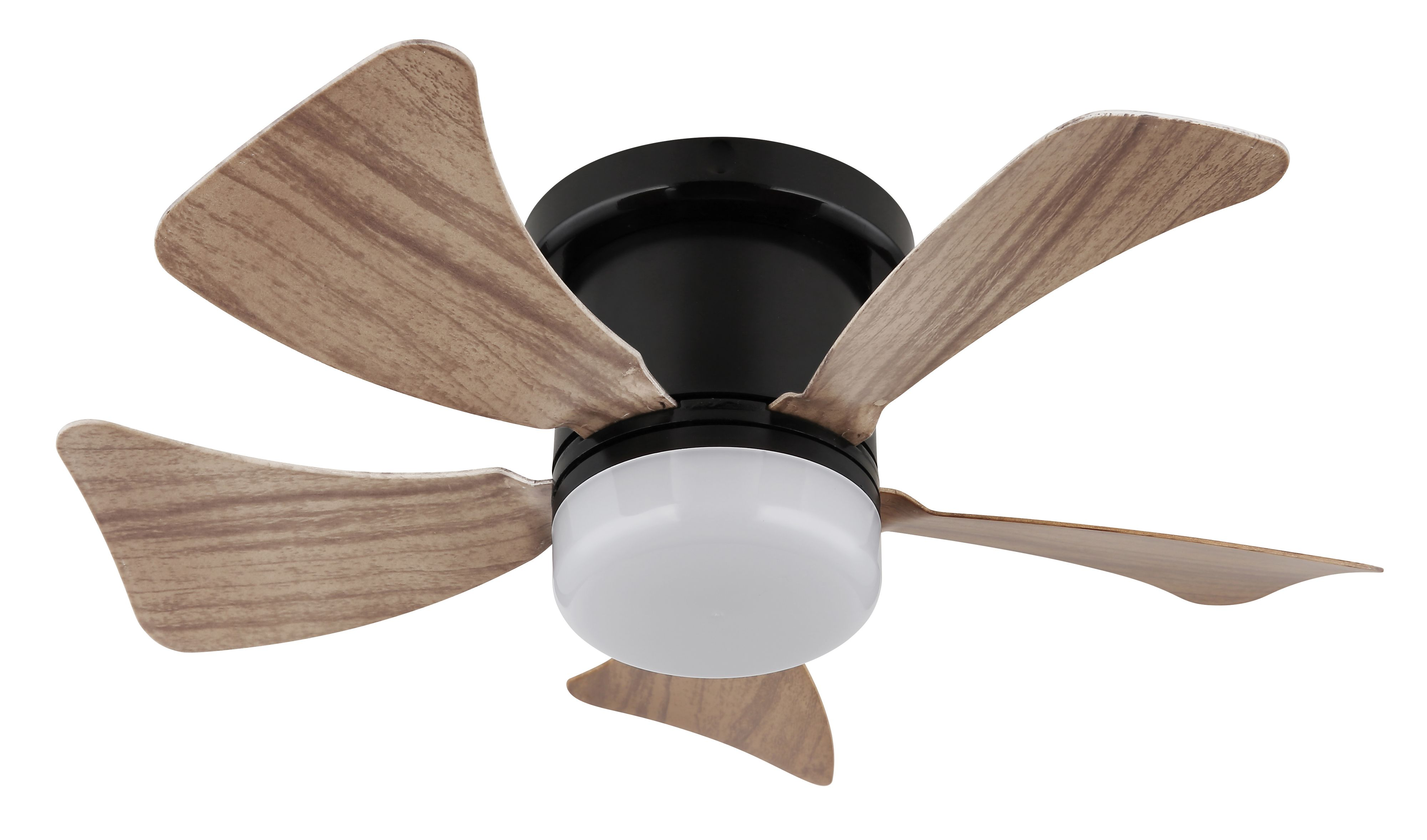 Deckenventilator mit schwarzem Sockel und Holzflügeln.