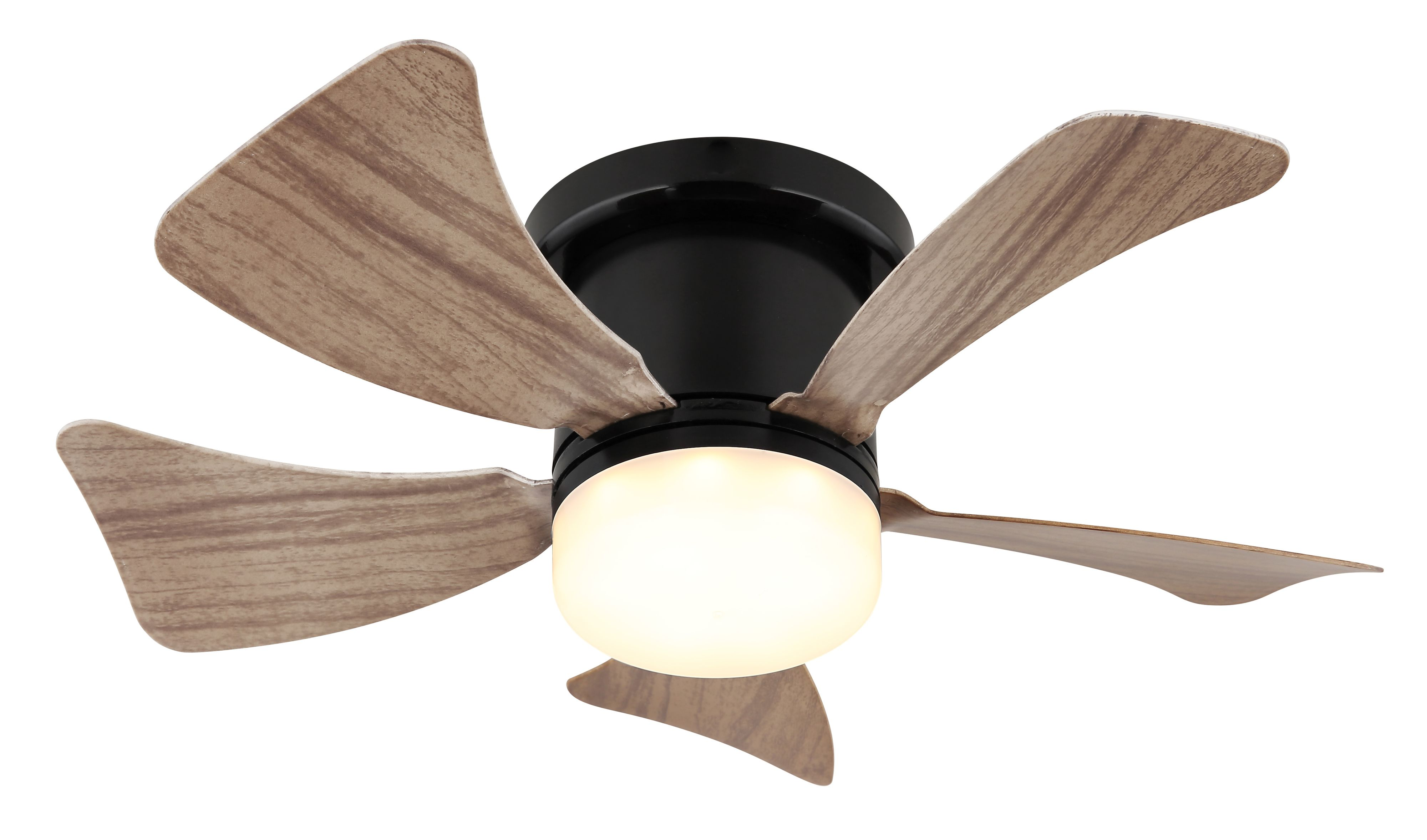 Deckenventilator mit schwarzem Sockel und Holzflügeln.
