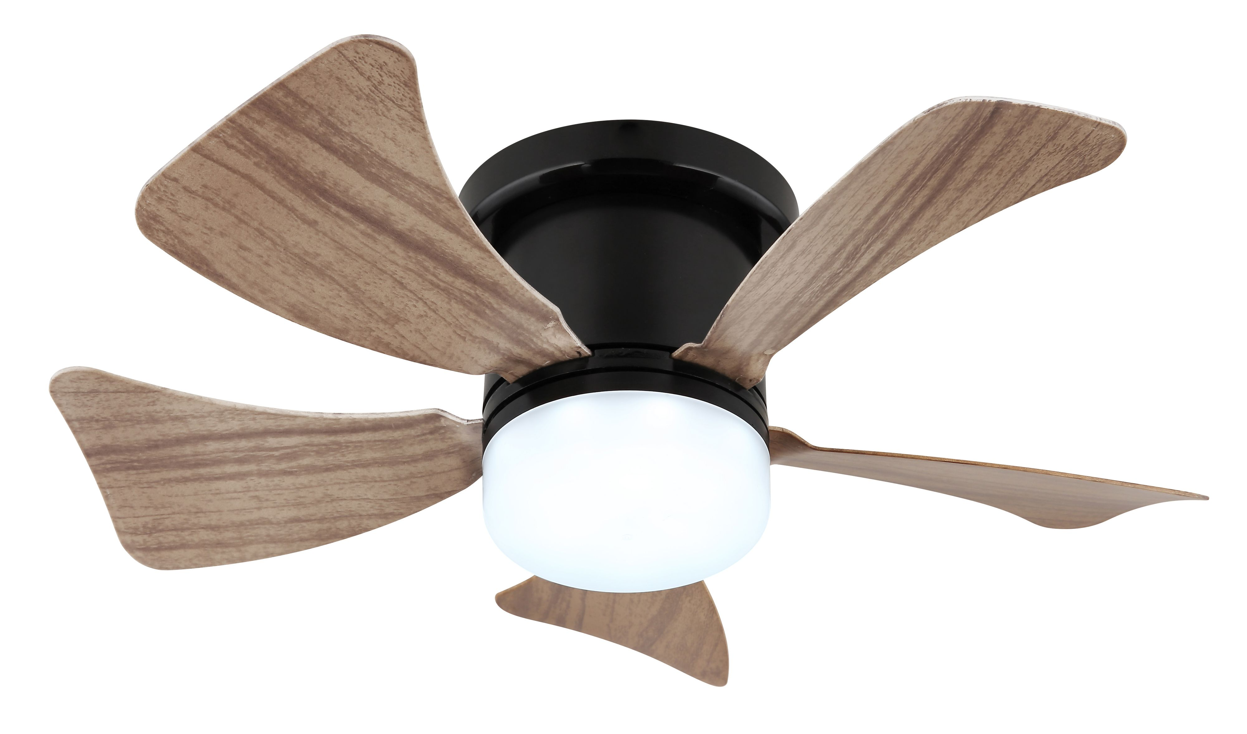 Deckenventilator mit schwarzem Sockel und Holzflügeln.