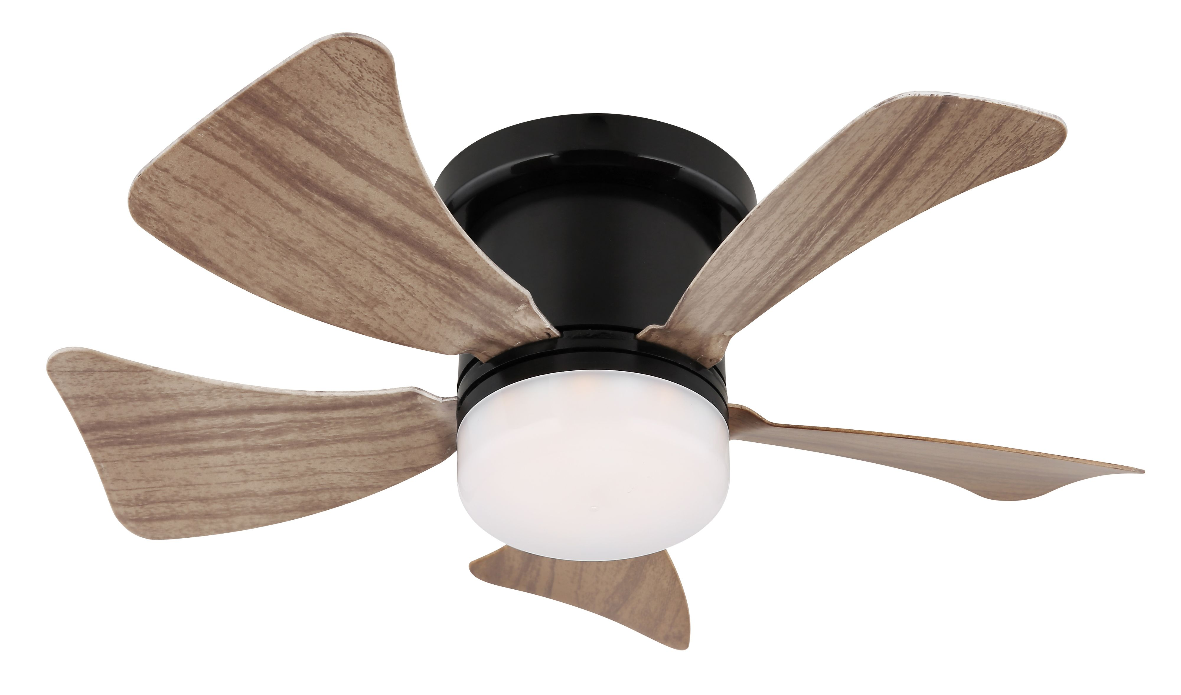 Deckenventilator mit schwarzem Sockel und Holzflügeln.