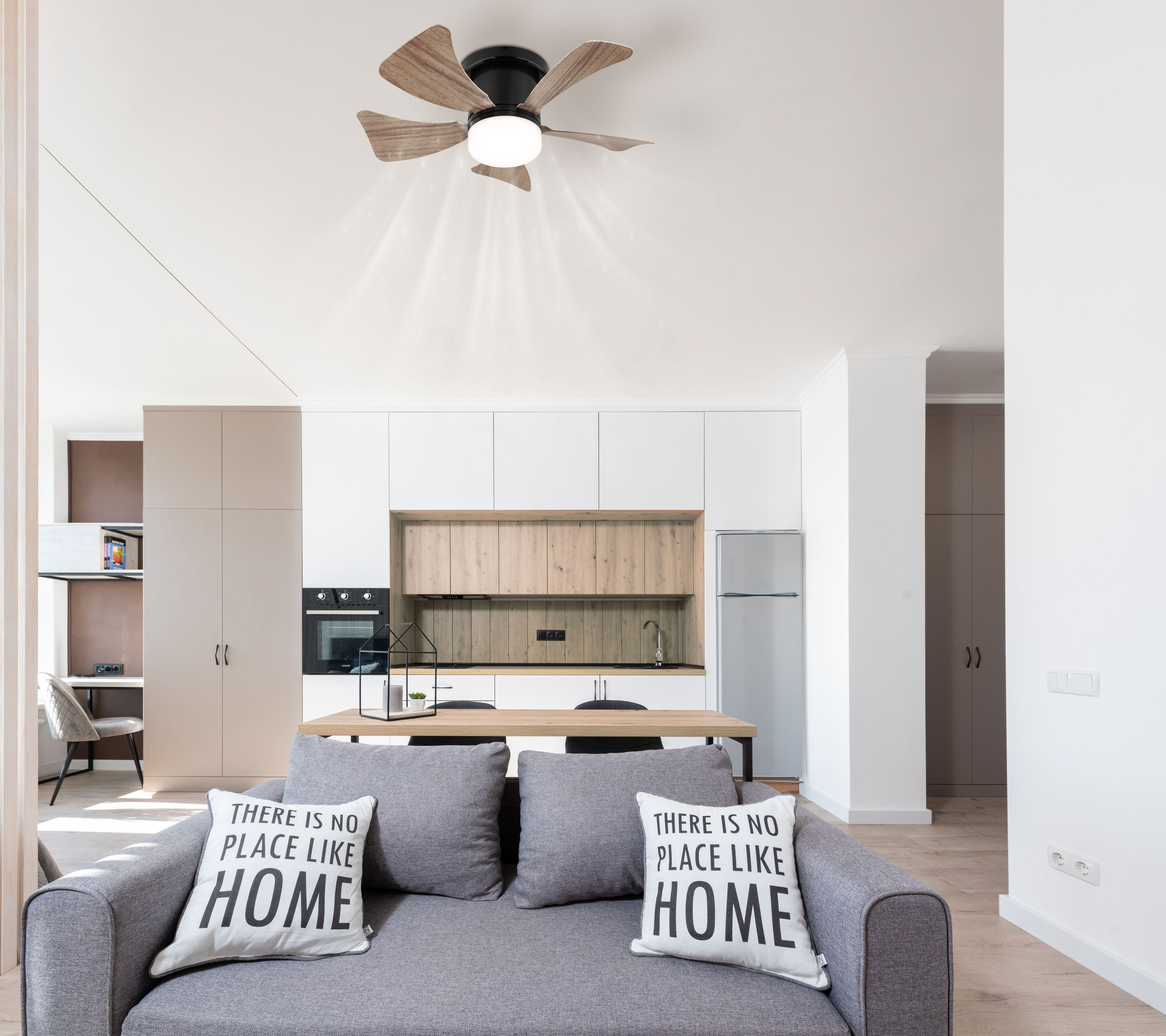 Wohnzimmer mit Deckenventilator, Sofa und Küche.