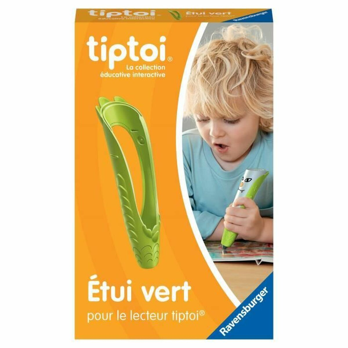 Scatola con custodia verde e testo. Un bambino guarda una penna verde.