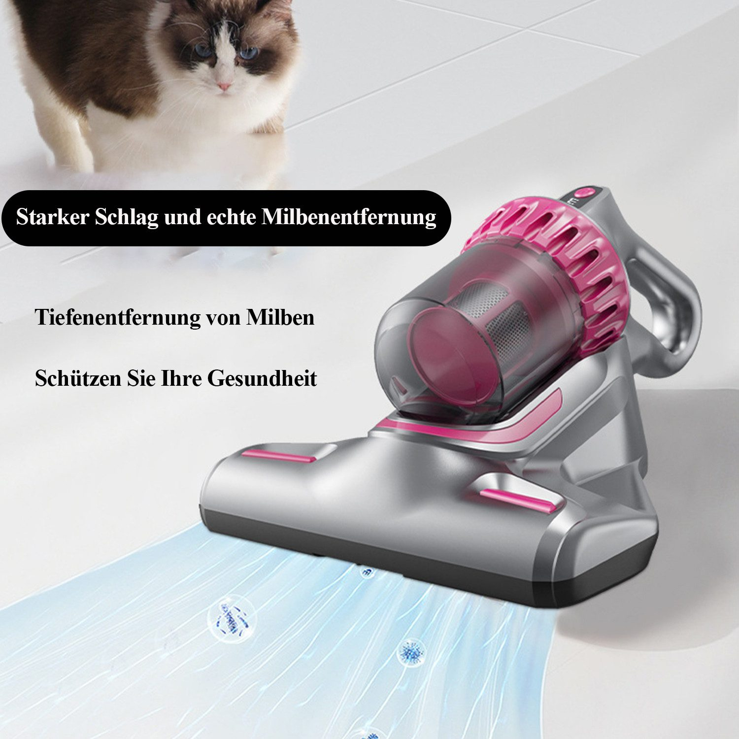 Ein Staubsauger mit rosa Akzenten wird gereinigt. Eine Katze ist im Hintergrund.