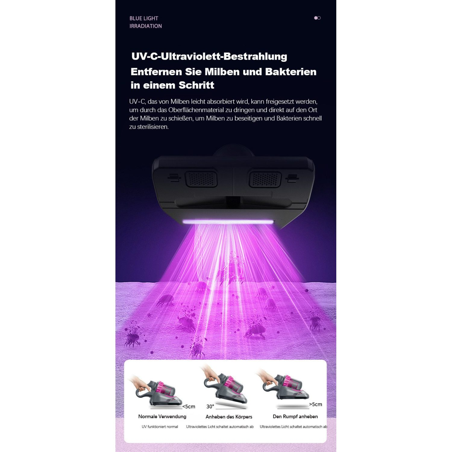 Eine Anzeige zeigt einen Staubsauger mit rosa Akzenten, der UV-Licht emittiert. Ein Diagramm zeigt den Reinigungsprozess.