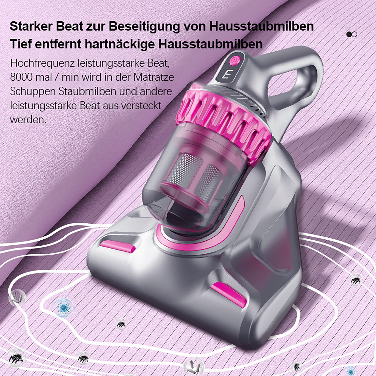 Ein Staubsauger mit rosa Akzenten reinigt ein Bett. Das Bett hat kleine, cartoonartige Figuren darauf.