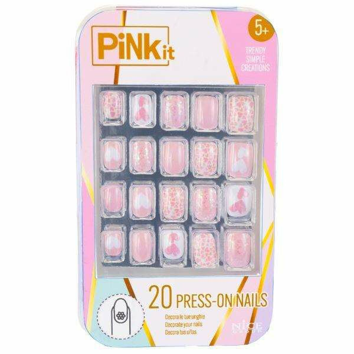 Rosa Nagelset mit Aufklebern. Enthält mehrere rosa Nägel mit verschiedenen Designs. Die Verpackung hat rosa und weiße Farben.