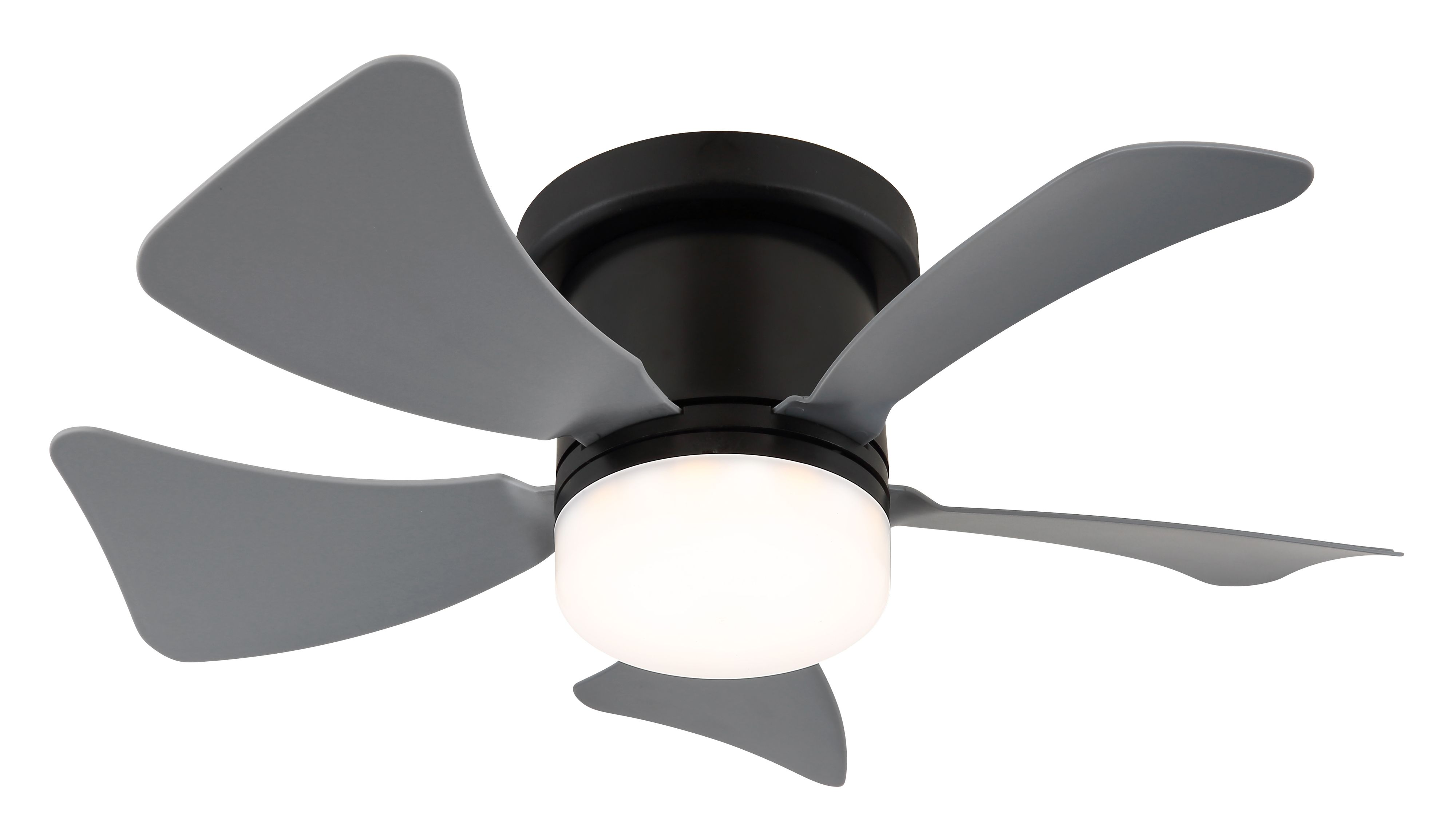 Moderner Deckenventilator mit fünf grauen Flügeln und einem schwarzen Motorgehäuse. Er hat ein zentrales Licht.