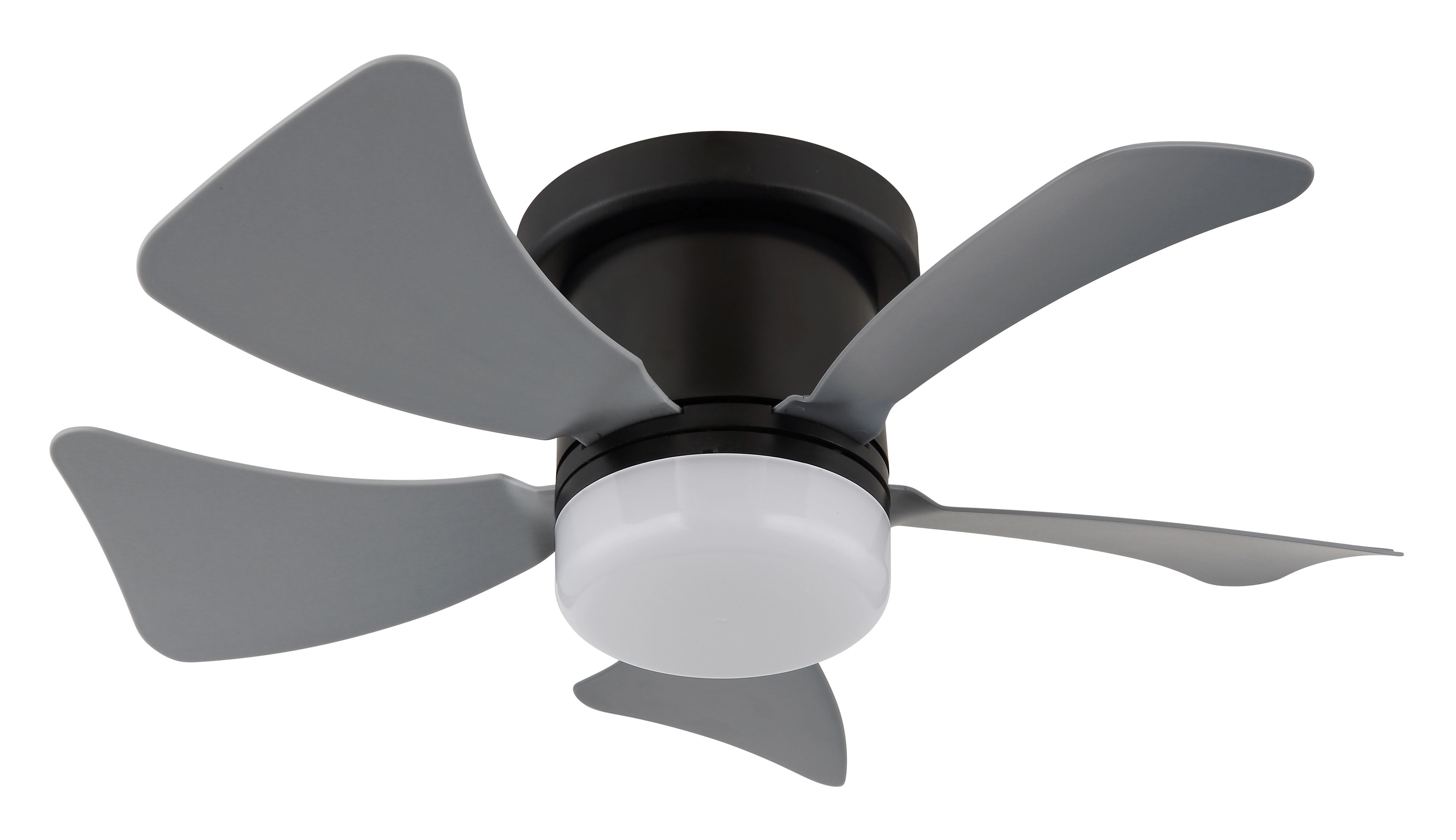 Deckenventilator mit grauen Flügeln und schwarzem Motor. Der Ventilator hat ein zentrales Licht, vor weißem Hintergrund.