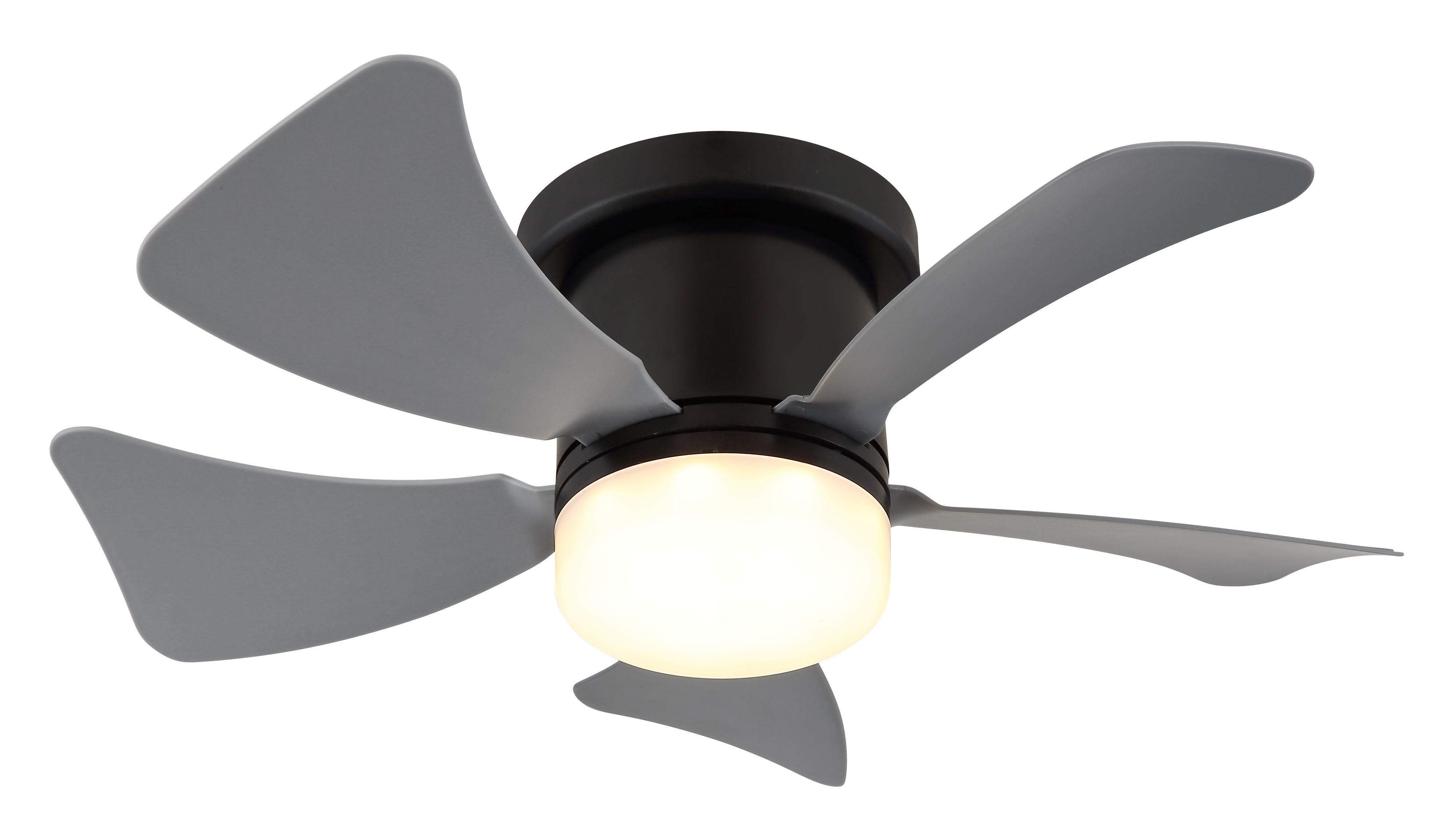 Deckenventilator mit grauen Flügeln und einem schwarzen Motorgehäuse. Er hat ein zentrales Licht. Der Hintergrund ist weiß.