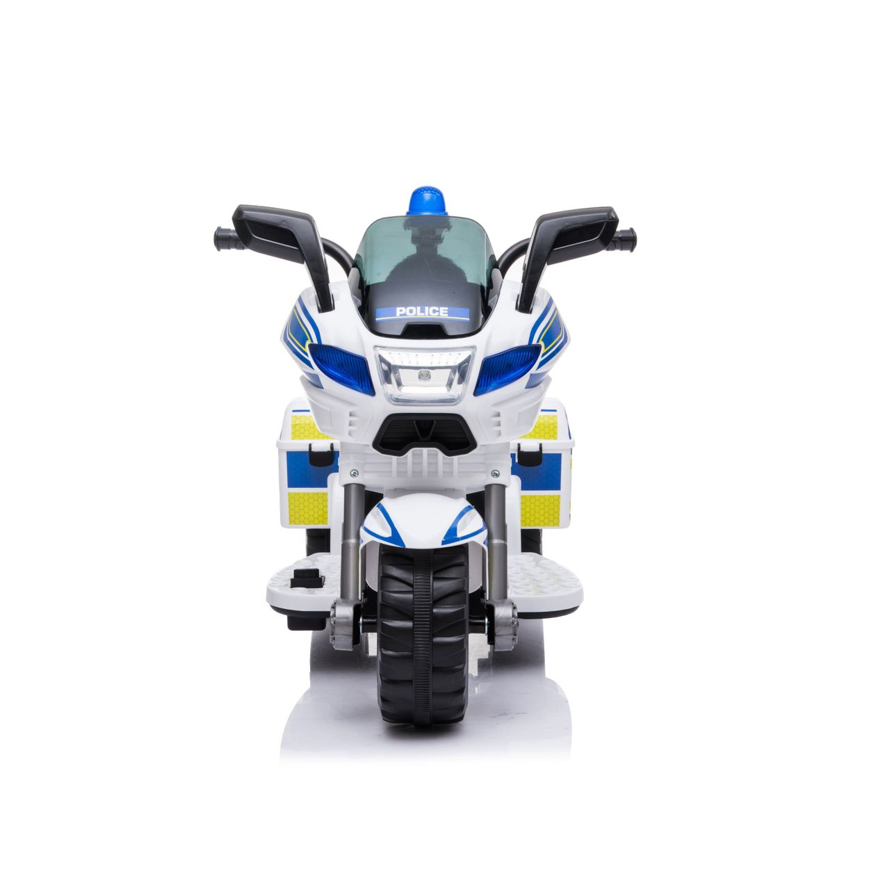 Ein weißes Spielzeug-Polizeimotorrad mit blauen Lichtern und Akzenten, isoliert auf weißem Hintergrund.