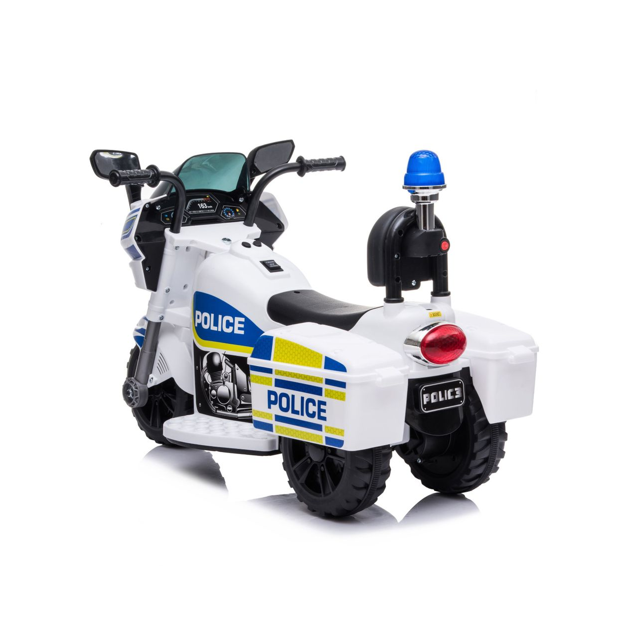 Ein weißes Spielzeug-Polizeimotorrad mit blauen Lichtern und Akzenten, von der Seite und hinten gesehen.