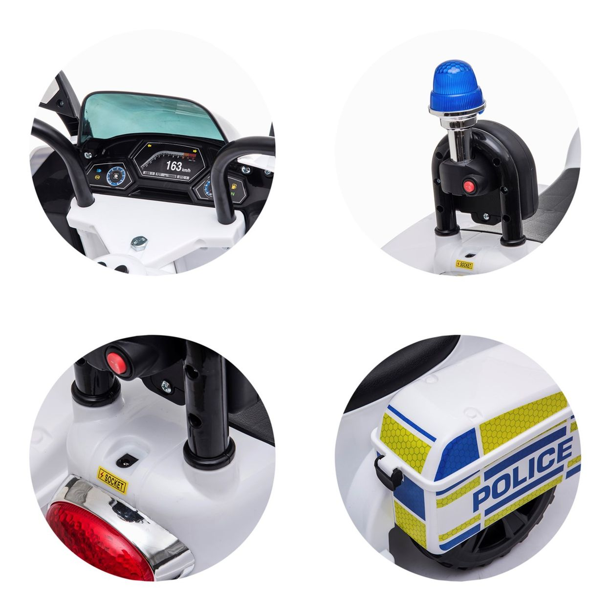 Nahaufnahmen von Details eines weißen Spielzeug-Polizeimotorrads: Armaturenbrett, Lichter und Heckdetails.
