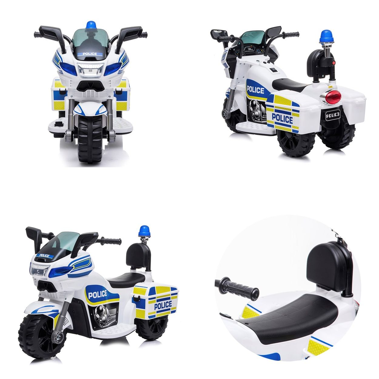 Eine Collage von Bildern eines weißen Spielzeug-Polizeimotorrads aus verschiedenen Blickwinkeln.