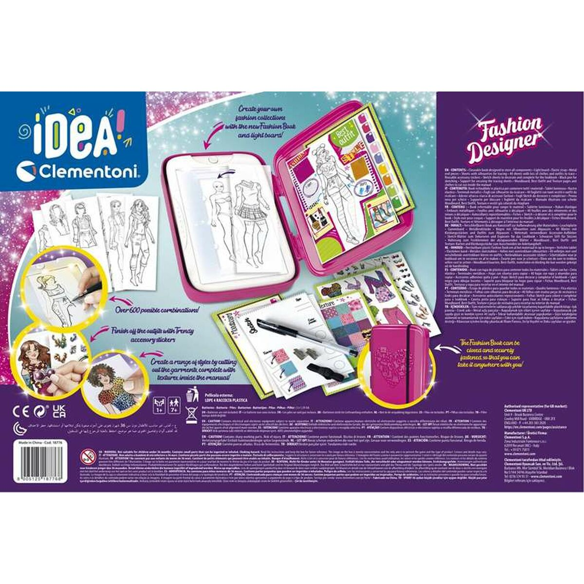 Die Rückseite einer Modedesigner-Kit-Box mit Zeichnungen und einem Leuchttisch.