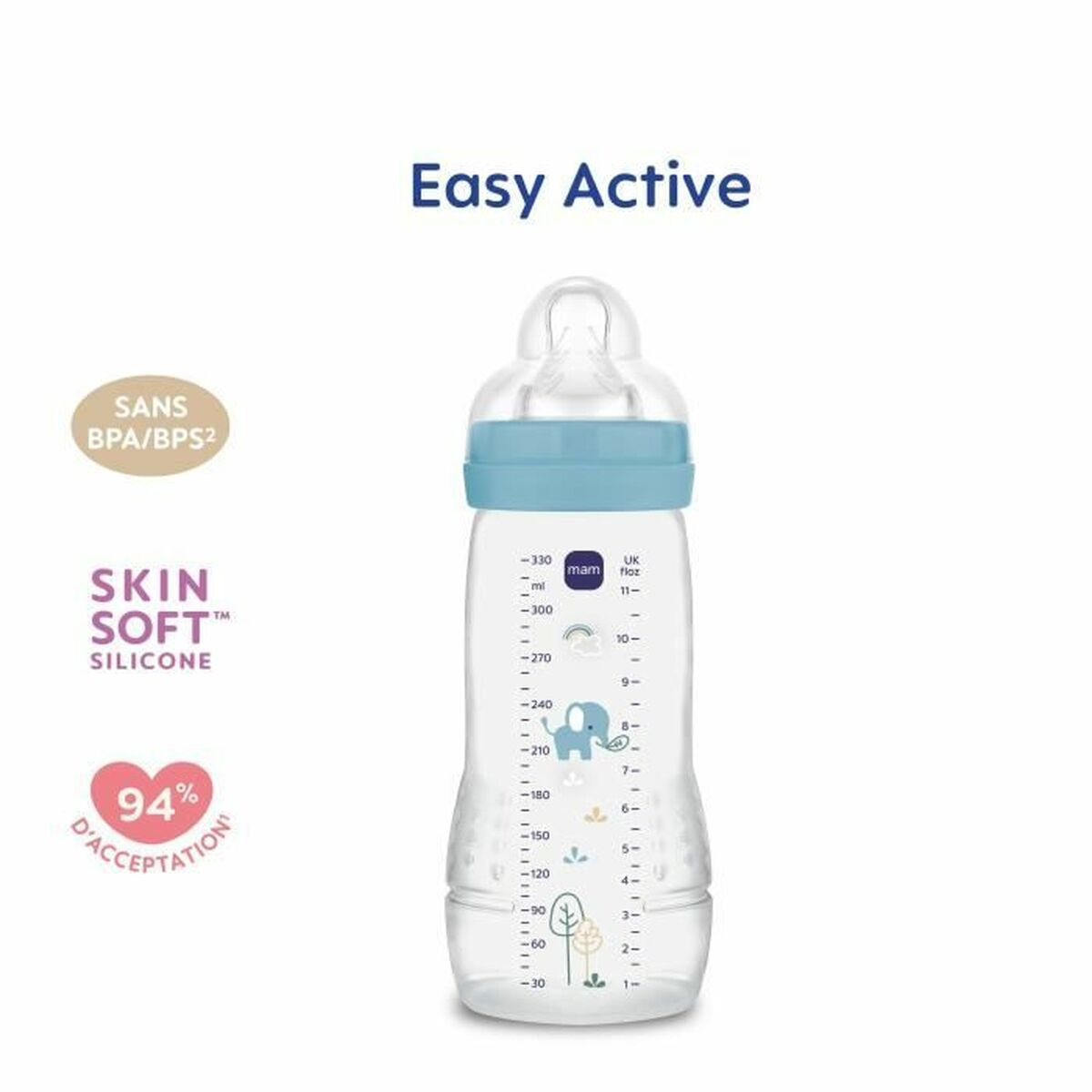 Eine transparente Babyflasche mit blauen Akzenten und einer Skala in ml und oz. Der Text 'Easy Active' ist zu sehen.