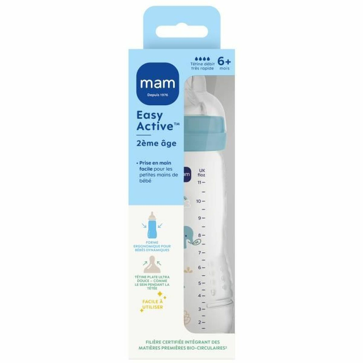Eine Babyflasche mit blauem Deckel und durchsichtigem Körper, einschließlich Text und Messungen. 'Easy Active' wird gezeigt.