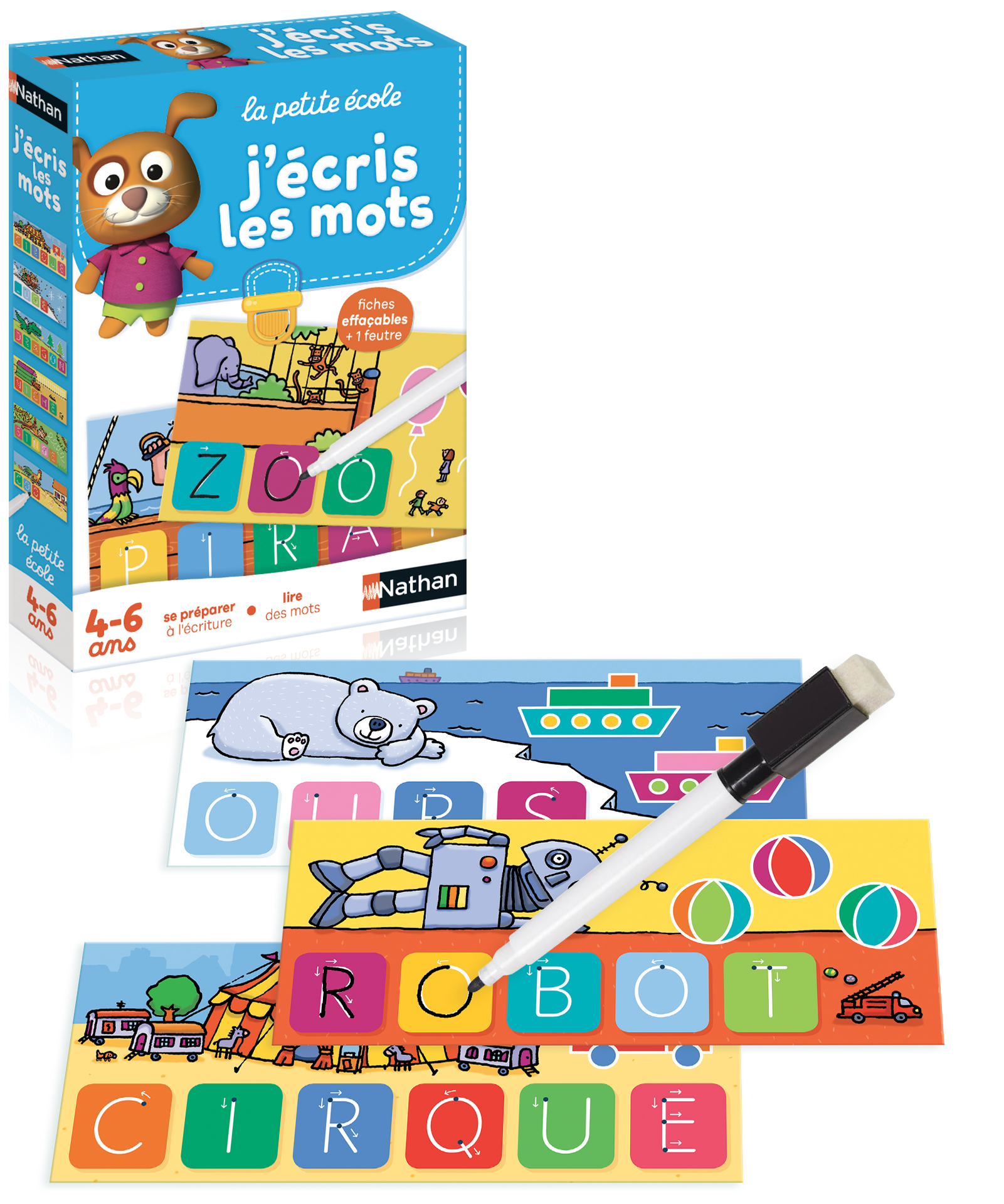 Ein Kinderspiel mit Zeichentrickfiguren und Wortkarten. Enthält einen weißen Stift und löschbare Karten.