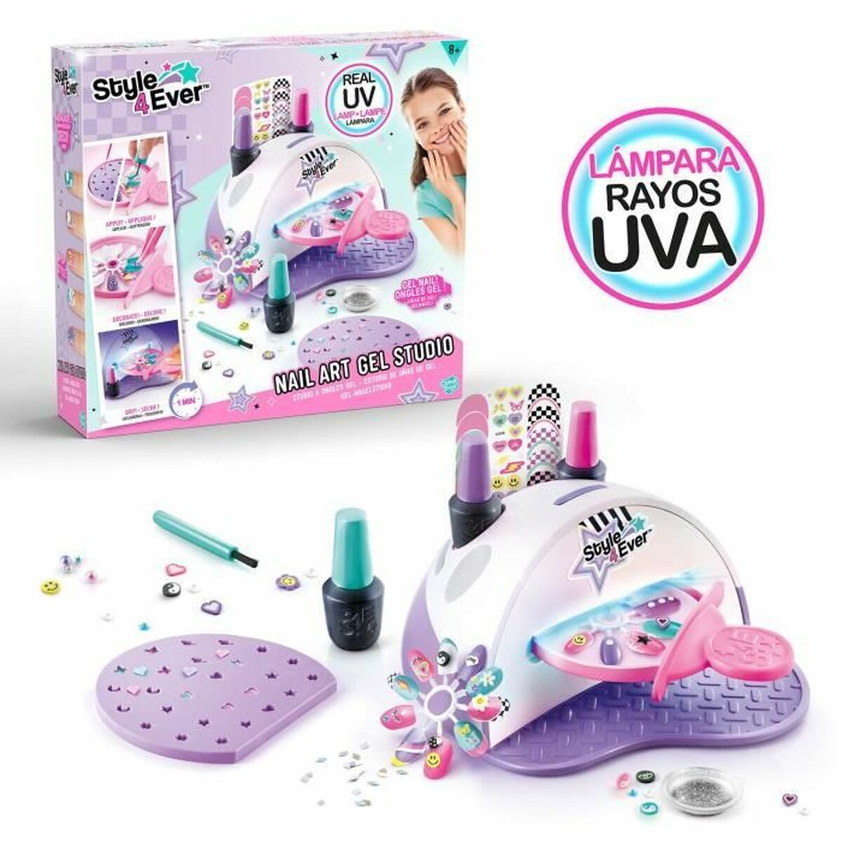 Caja de estudio de gel para arte de uñas con producto y niña sonriendo.