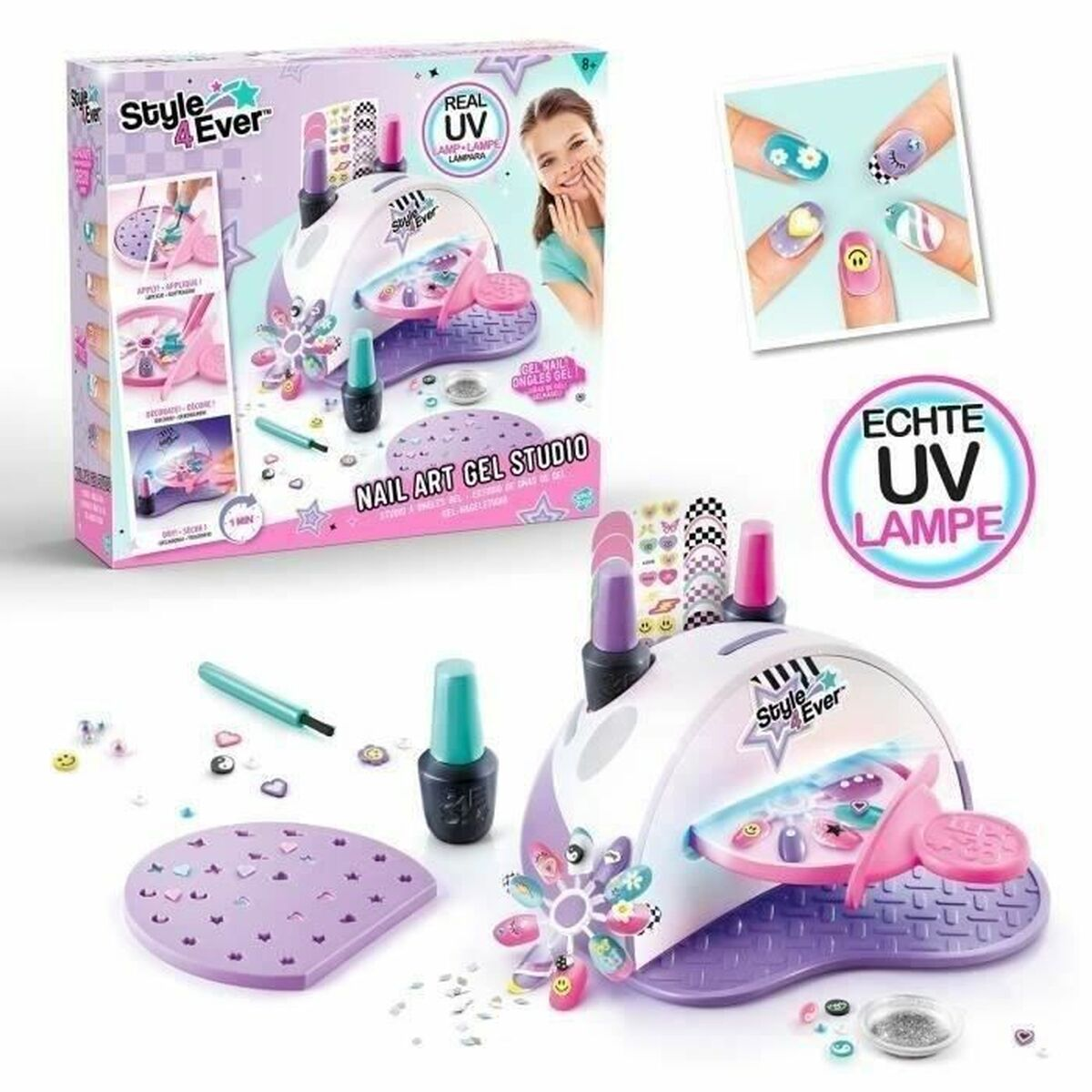 Caja de estudio de gel para arte de uñas con producto en exhibición.