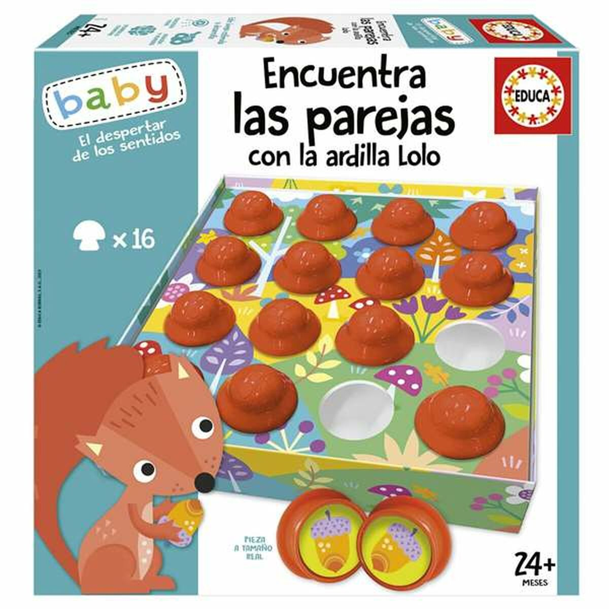 Ein Brettspiel mit braunen Teilen. Eichhörnchen-Illustration links, mit einer Eichel. Zum Paare finden.