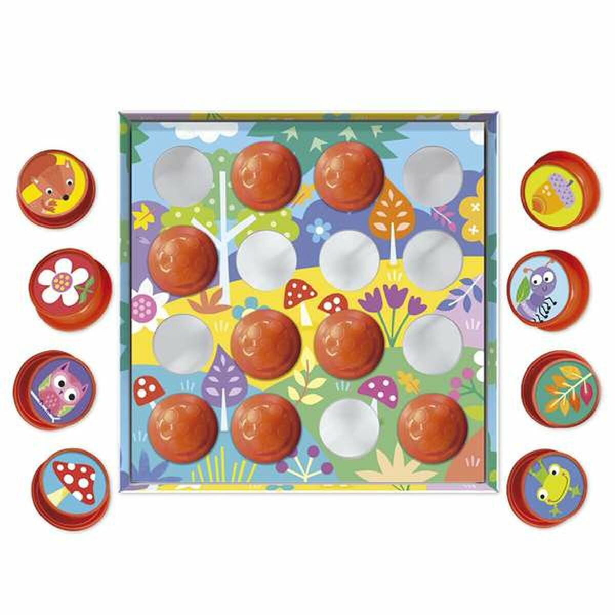 Ein Zuordnungs-Brettspiel. Es hat braune runde Teile, und das Brett hat bunte Naturillustrationen.