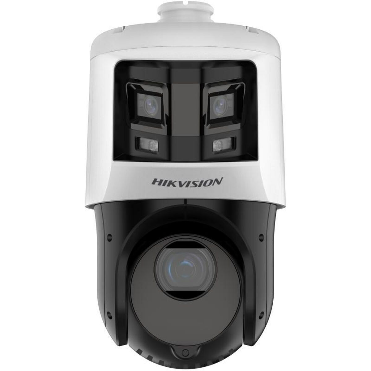 Eine weiße und schwarze Überwachungskamera mit großem Objektiv. Die Kamera hat das Hikvision Logo.