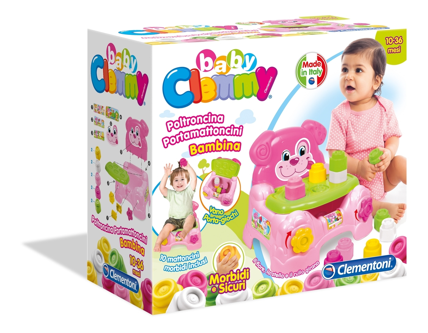 Różowa zabawka dla dziecka z uśmiechniętym psem, dziecko się nią bawi. Pudełko pokazuje zabawkę.