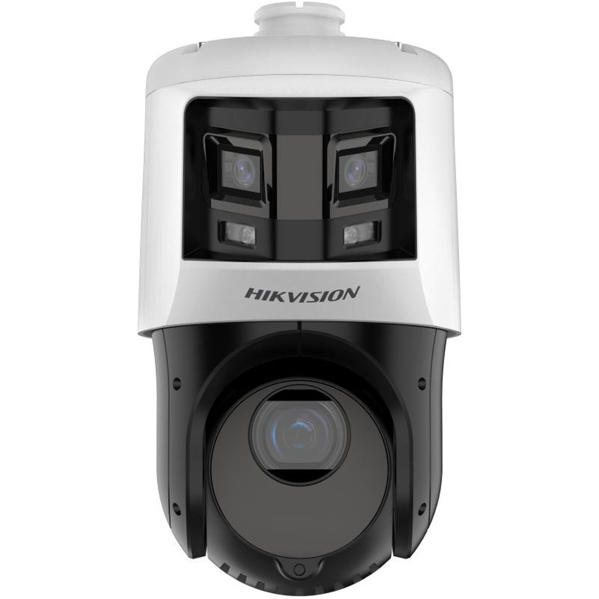 Eine weiße und schwarze Überwachungskamera mit dem Wort HIKVISION auf der Vorderseite.