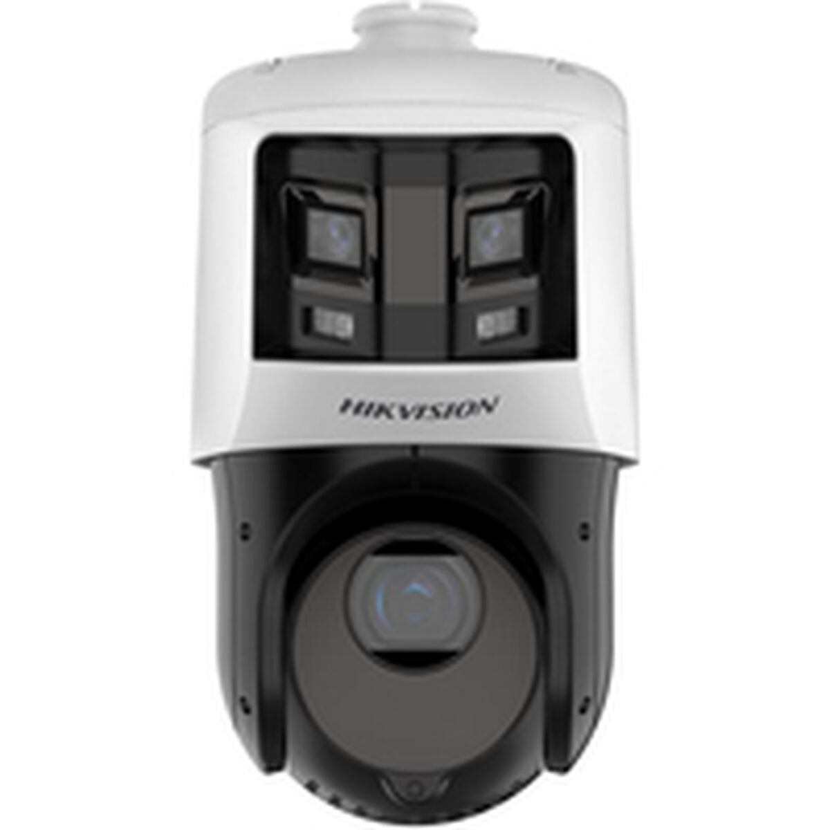 Eine weiße und schwarze Überwachungskamera mit dem Wort HIKVISION auf der Vorderseite.