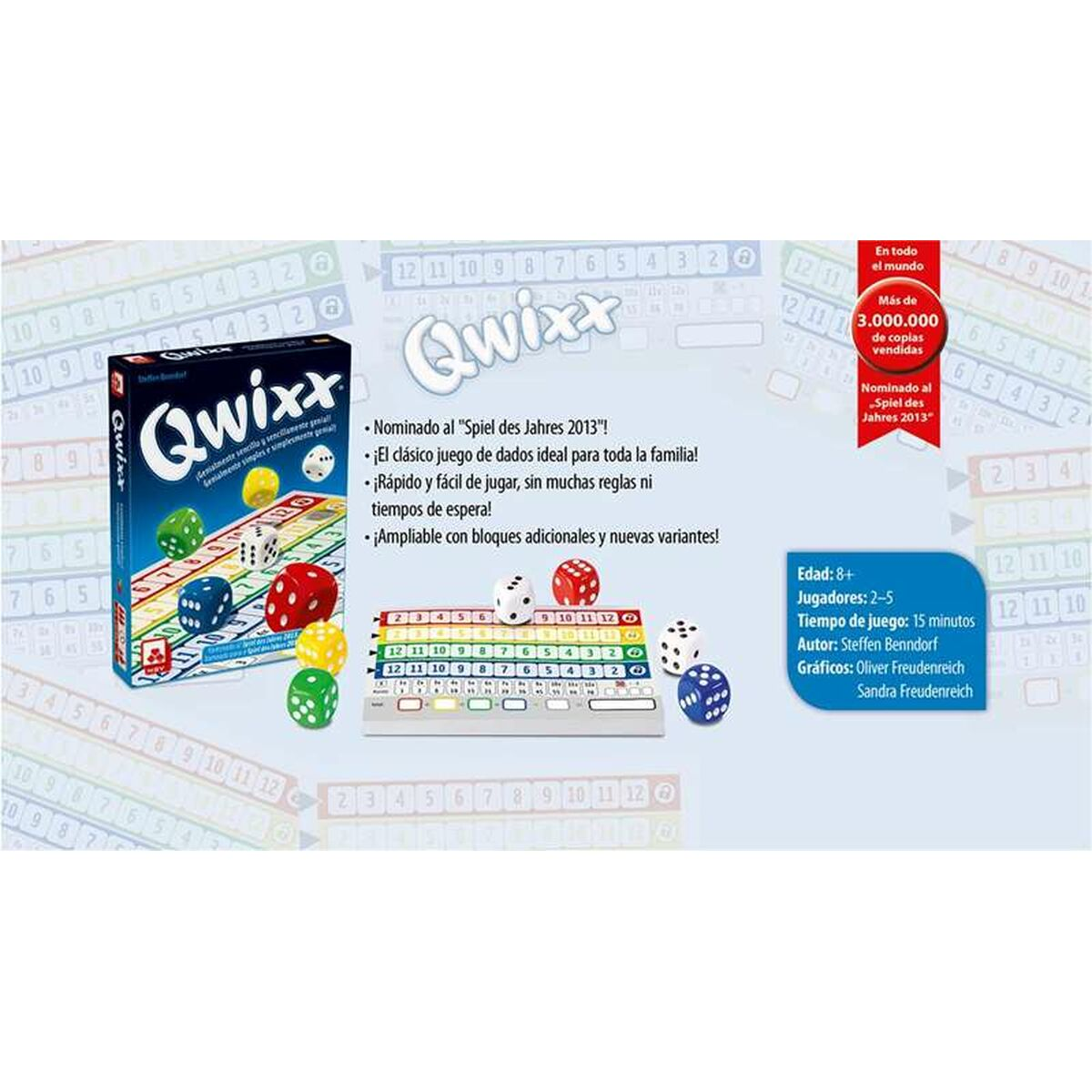 Un juego de mesa con dados, números coloridos y una caja con el título 'Qwixx' en español.