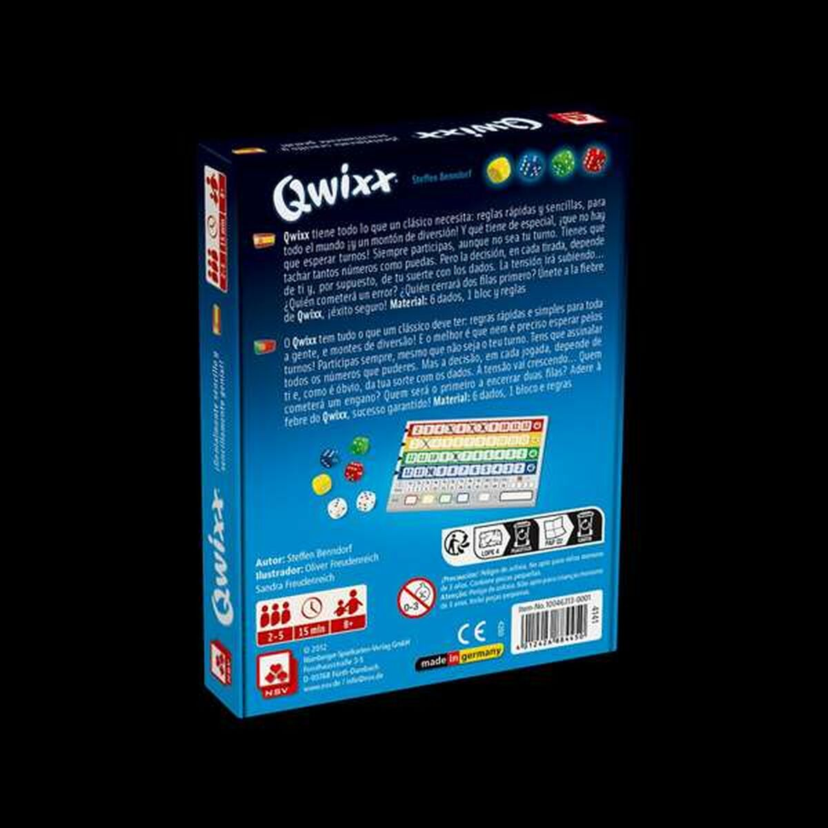 Parte trasera de una caja de juego de mesa. Texto en varios idiomas con el título 'Qwixx'.