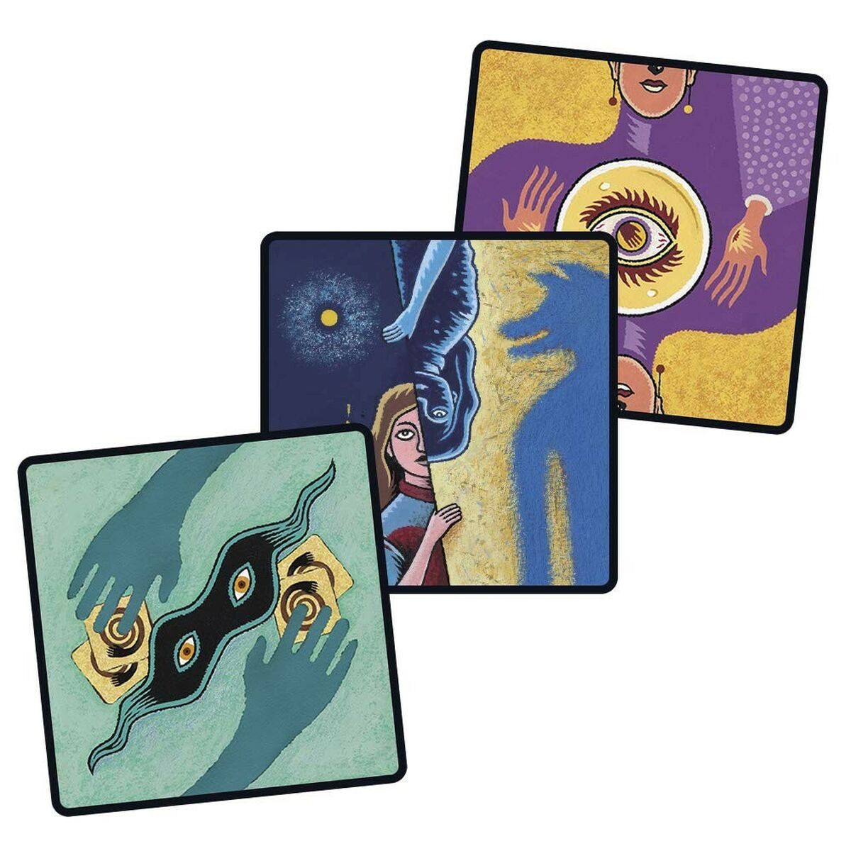 Drei Spielkarten mit Illustrationen, die verschiedene Szenen und Figuren darstellen.