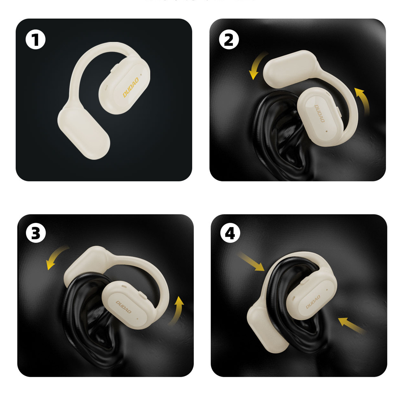 Czteropanelowy obraz pokazujący kroki noszenia słuchawek kostnych. Widoczna jest nazwa marki DUDAO.