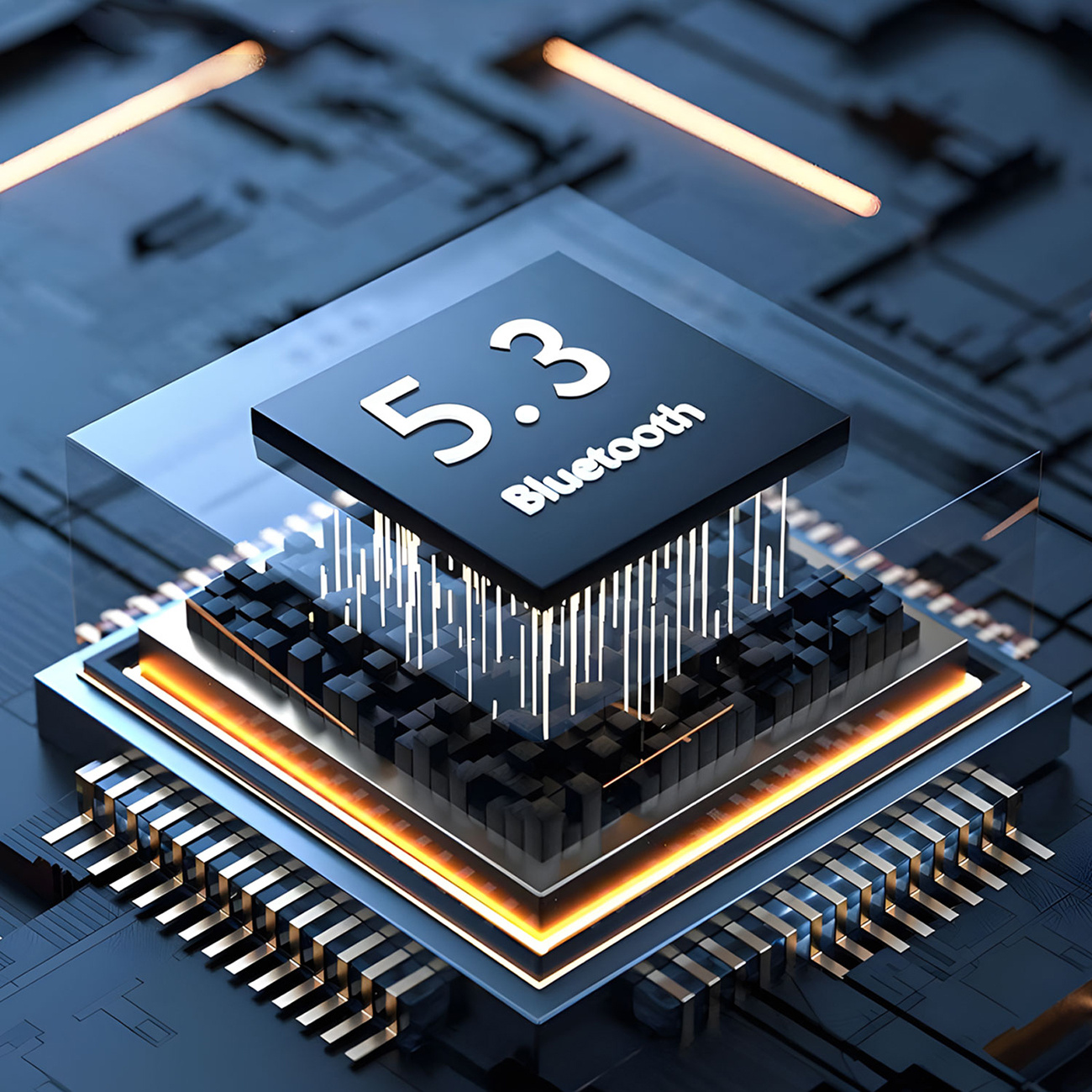 Zbliżenie mikroczipu z napisem '5.3 Bluetooth', otoczonego elementami elektrycznymi.